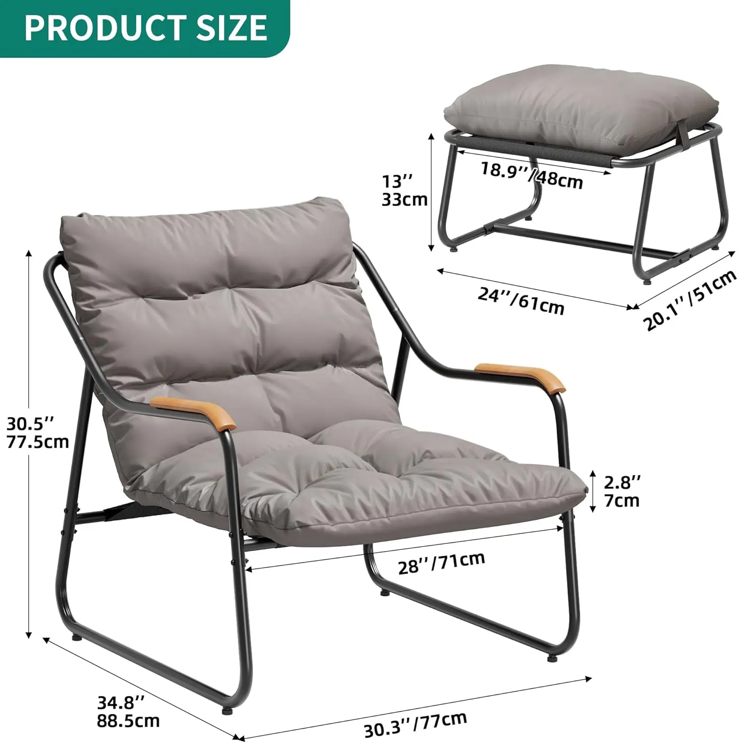 

Patio Lounge Chair with Ottoman, Oversized Papasan Chair with Soft Cushion, Indoor/Outdoor Lounge with Teak Wood Handrail