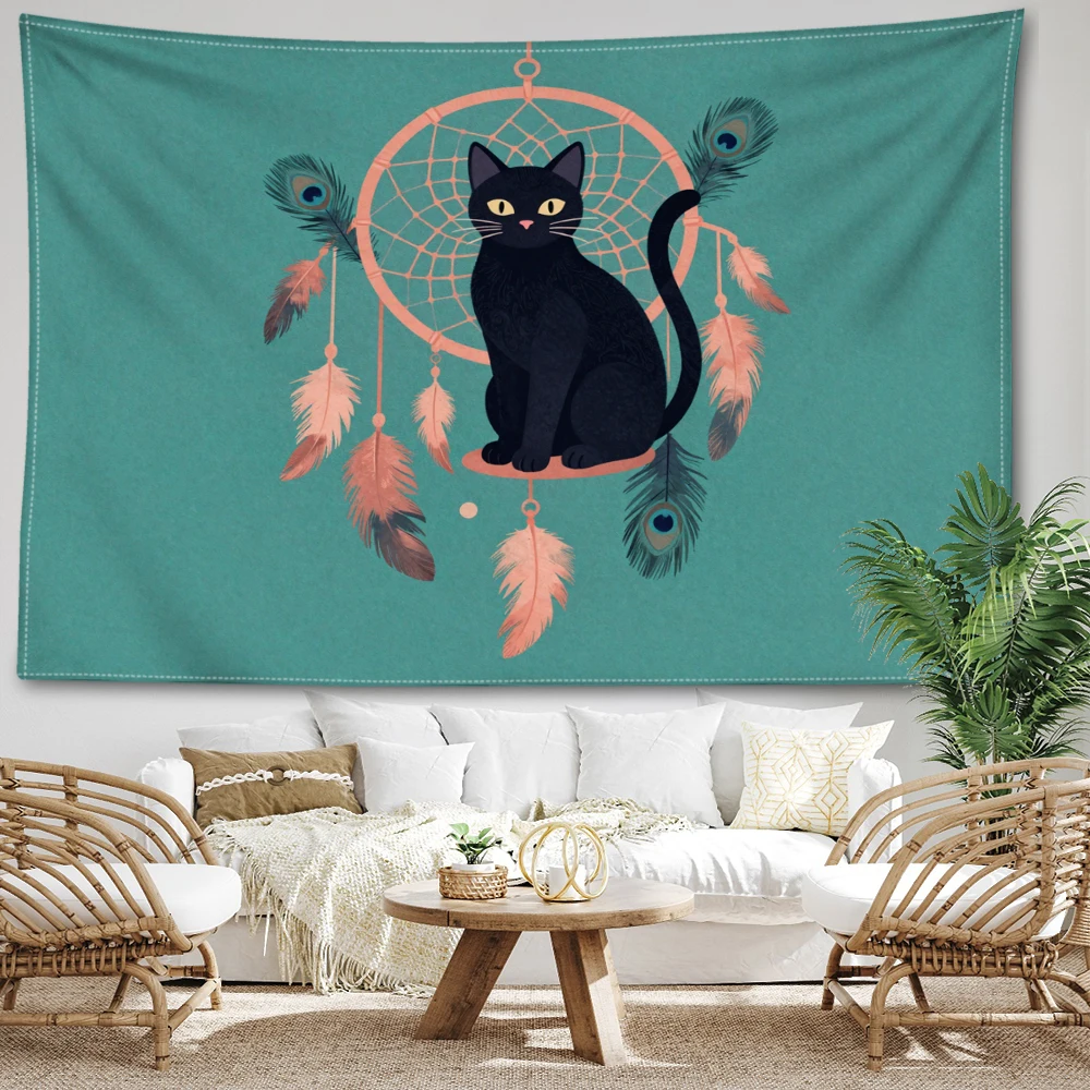 Blue Dream Catcher Black Cat Feather Wall Tapestry, Boho Home Decor