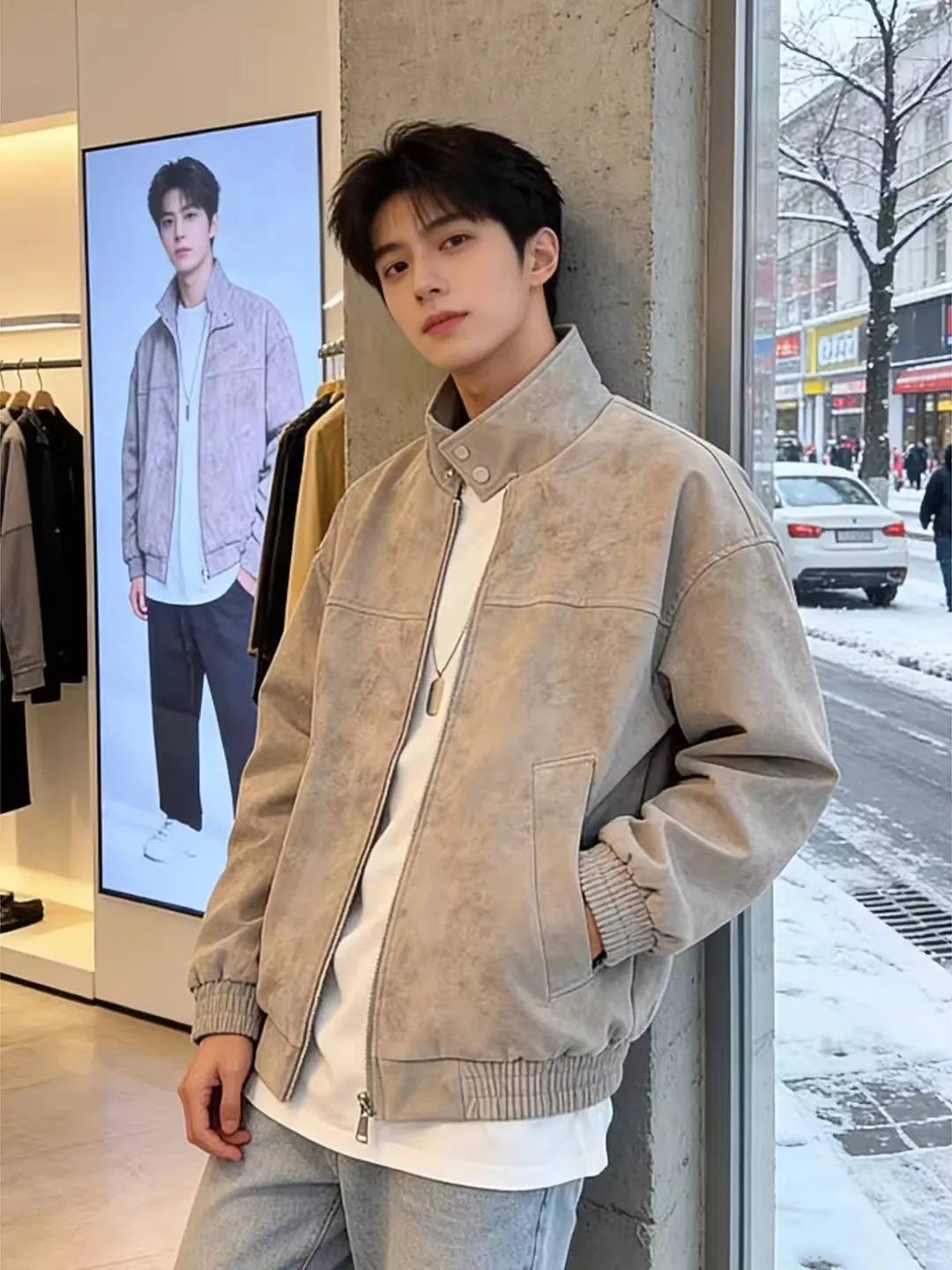 

ay Fce Lined Thiened PU Leather Jaet Men's Sle Autumn Winter American Stand Collar Cotton Leather Inteated Cotto...