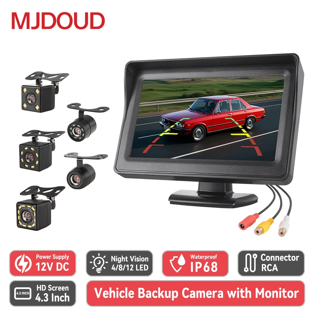 

MJDOUD Vehicle Reversing Camera with Monitor LED Night Vision Waterproof Car Rear View Camera 4.3 Inch TFT HD Screen for Parking