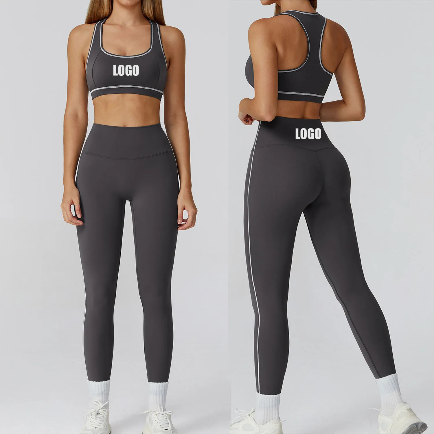 

Custom LOGO women's contrasting polished and slim yoga fitness clothes casual running sports cycling bras trousers two-piece set