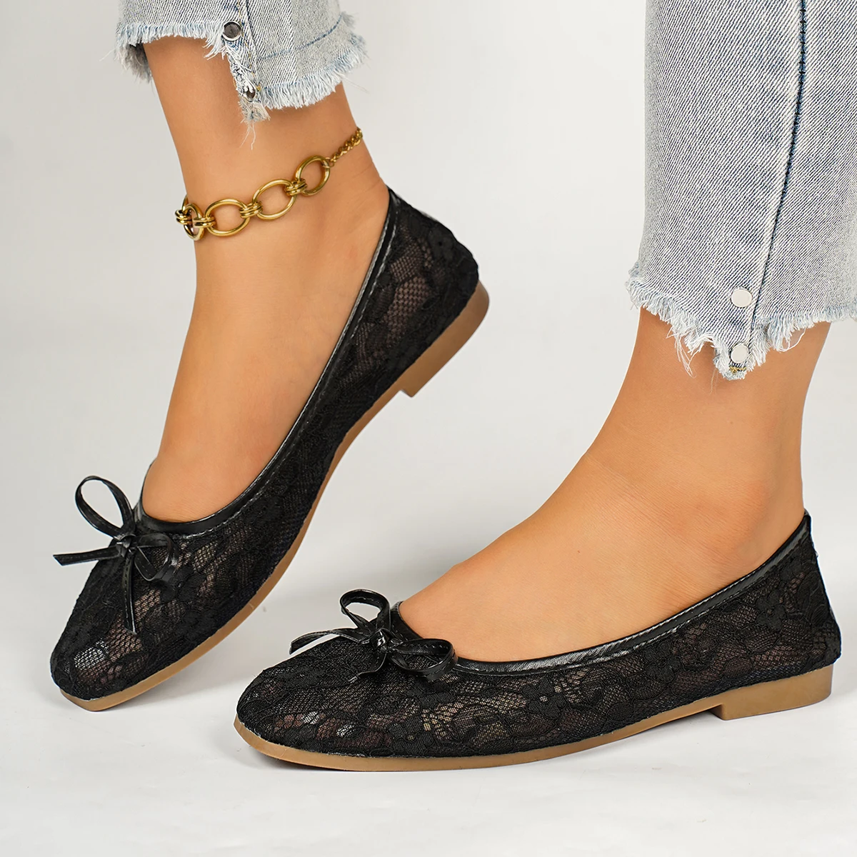 Women's Spring Summer Lace Mesh Breathable Square Ballet Flat Shoes 2026 New Solid Color Bow Decorative Casual Commuter Shoes