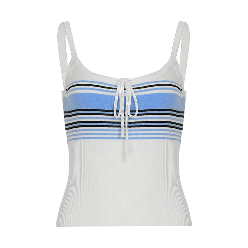 2025 New Spicy Girl Lace Stripe Contrast Strap Low Waist Drawstring Loose Casual Pants Knitted Two Piece Set