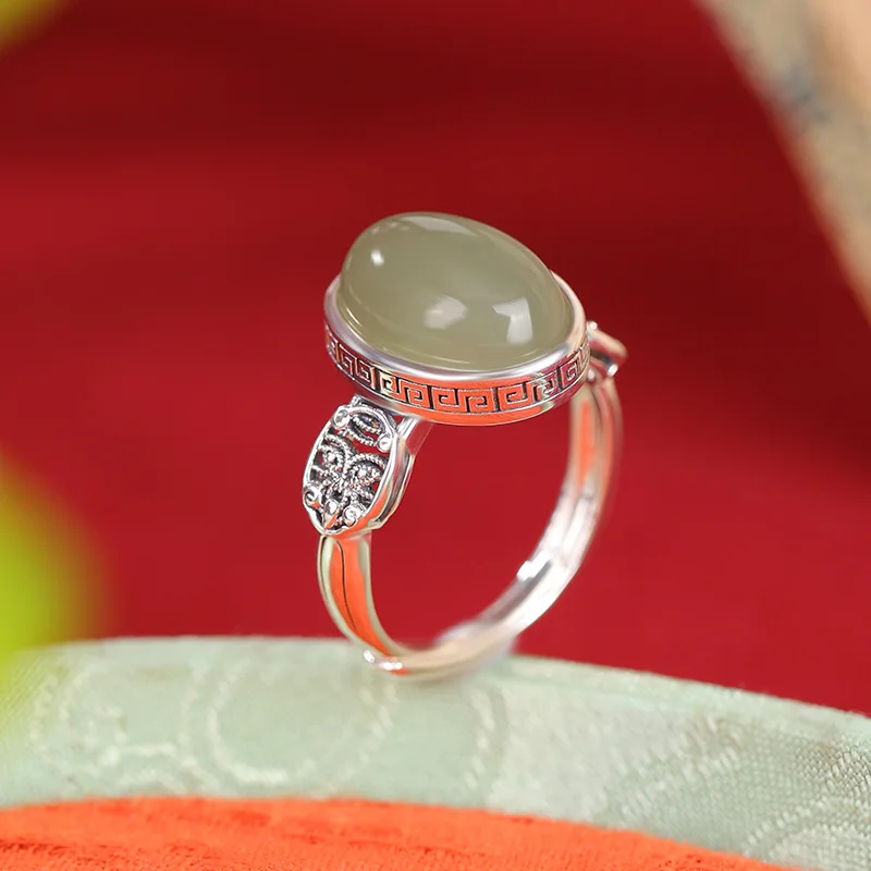 Natural Hetian S925 Sterling Zaki Lam Patterned-Shaped Jade Silver Ring