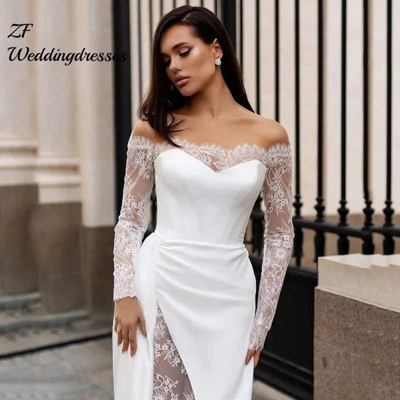 

Customized Luxury Mermaid Lace Appliques Wedding Dress Off Shoulder Bridal Gown Long Sleeves Sexy Slit Boat Neck Gowns Vestido D
