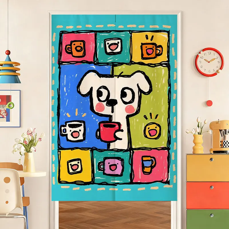 VIKAMA Graffiti Puppy Coffee Cup Noren Door Curtain Color Block Hanging Curtain Kids Room Door Partition Decor Curtain