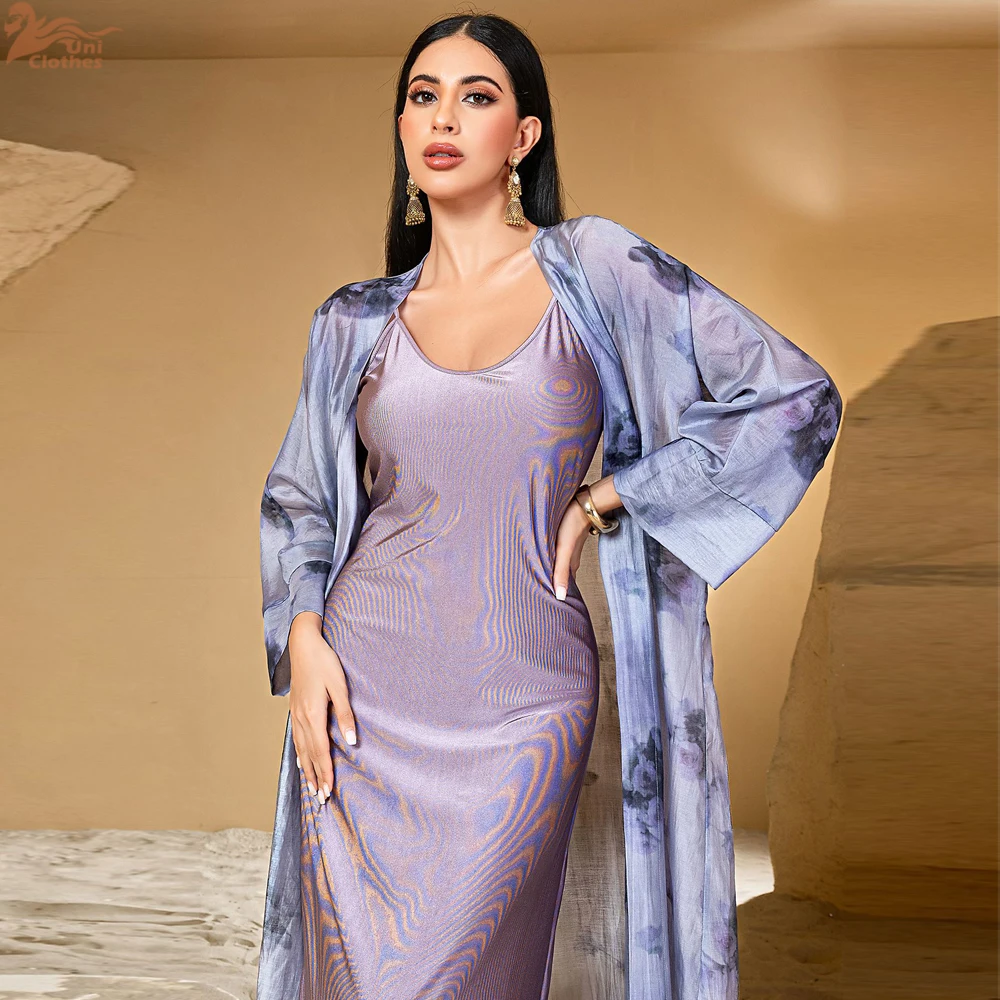 Dubajski Otwarty Kimono Abaja i Sukienka Wewnętrzna Muzułmański Zestaw 2-częściowy dla Kobiet Sukienka Eid Ramadan Abaja Islam Kardigan Arabski Długa Szata Codzienna