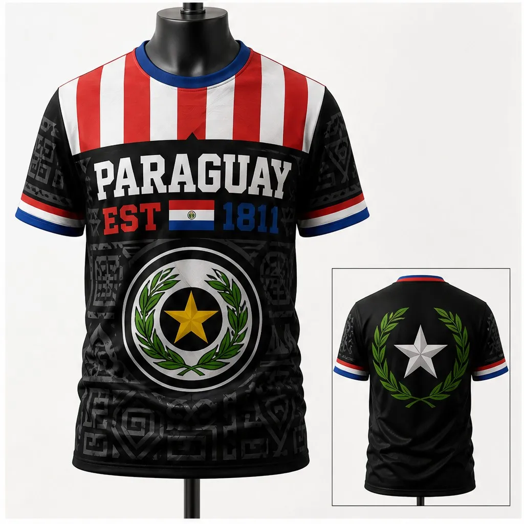 Mens Paraguay Crew Neck T Shirt Black Flag Emblem Print Short Sleeve Casual Top Star Wreath Graphic Summer Daily Tee Urban Style