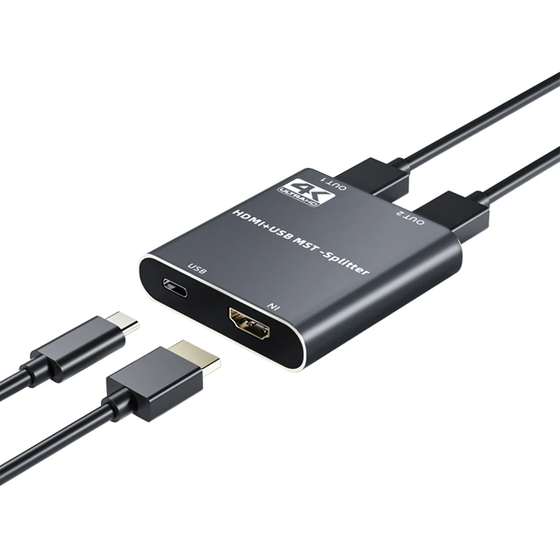 4K HDMI MST Bidirectional 1x2 Splitter 1 In 2 Out Dual Monitor Extend Duplicate Adapter USB 3.0 Powered Audio Video Sync