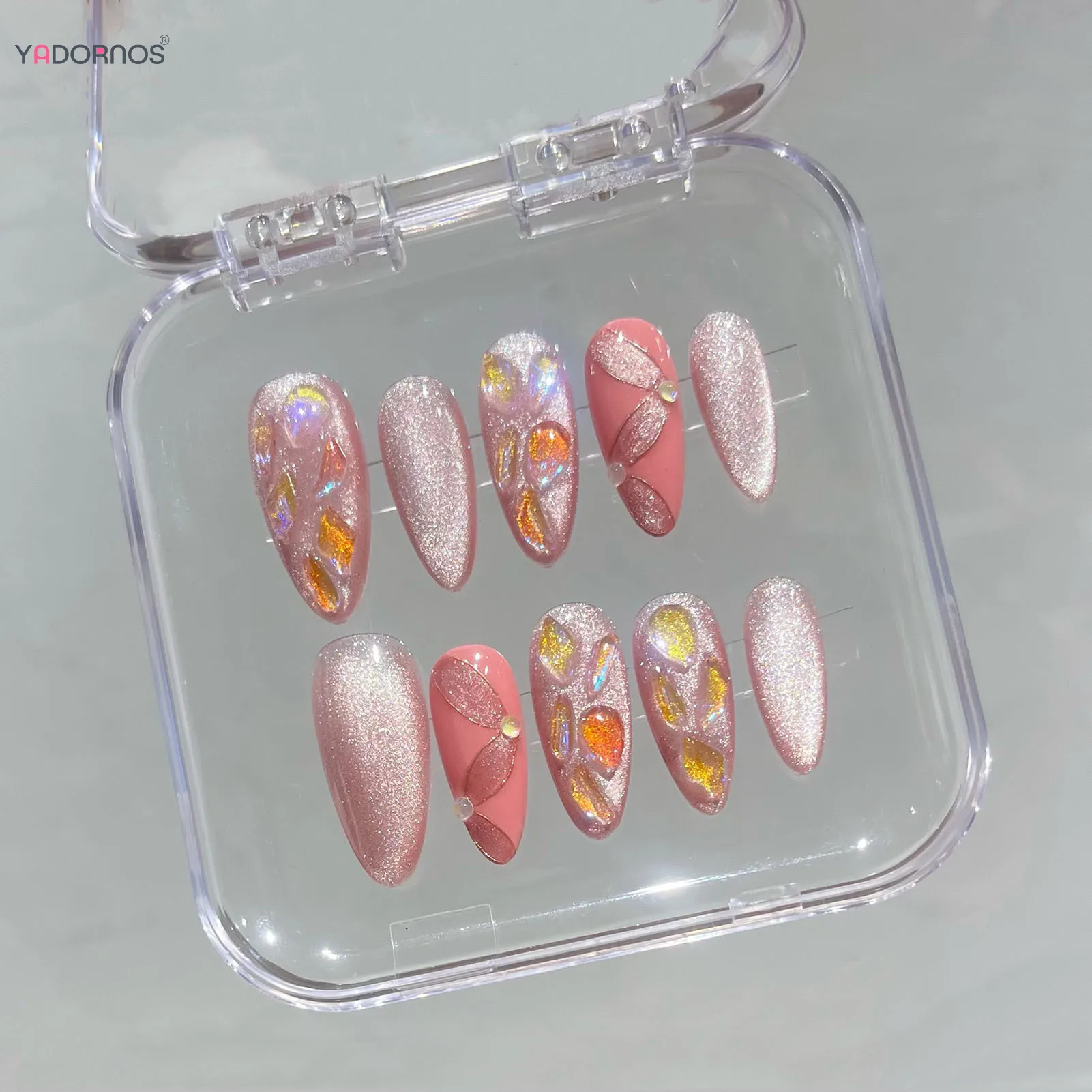 Faux yeux de chat roses pour femmes, presse portable, ballerine d'amande, faux ongles, manucure à faire soi-même, N64.N64.Glitter, 10 pièces