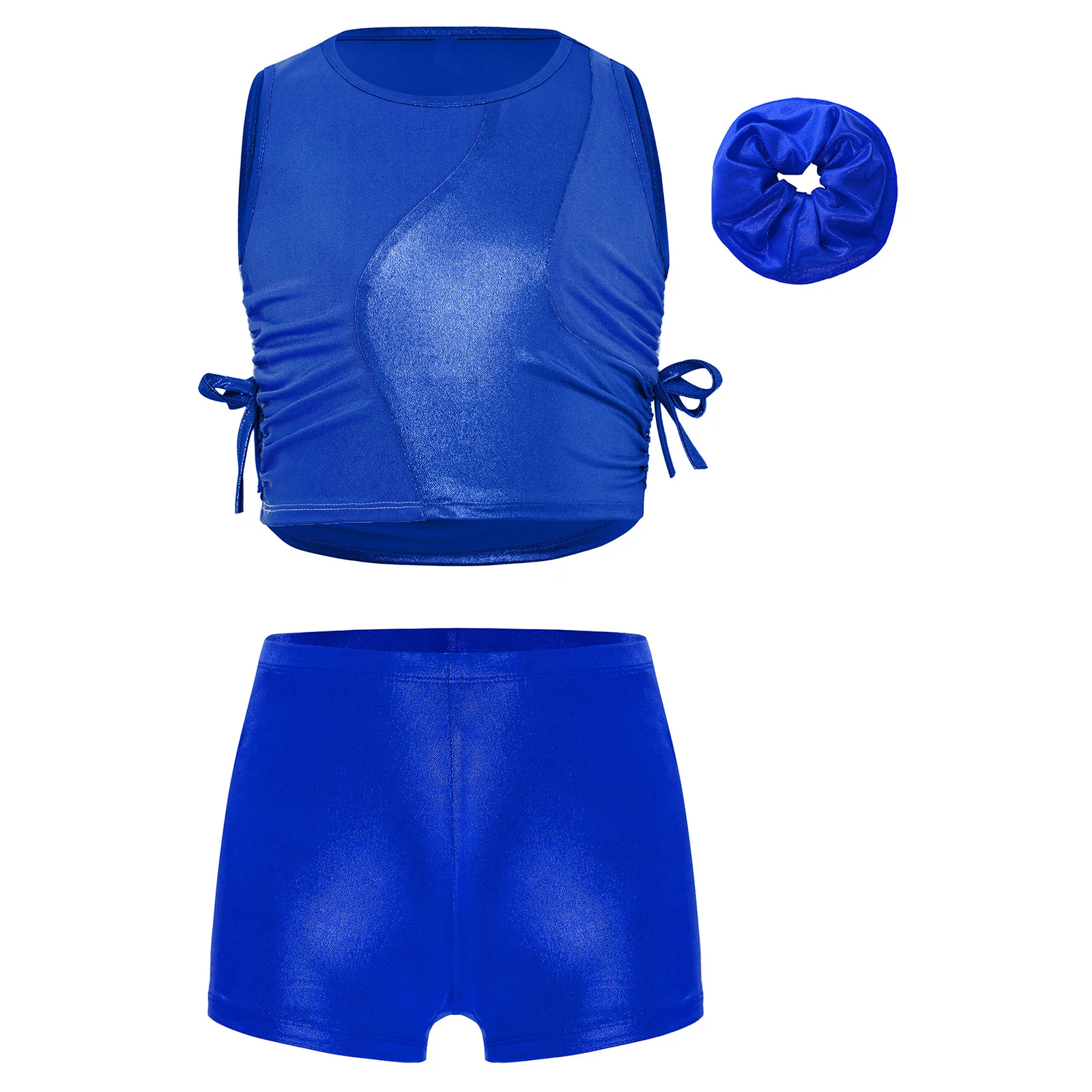 

‌Kids Girls Jazz Dance Costume Set Crop Top Sleeveless Bowknots with Shorts and Hairband for Stage Performances Casual Outfits