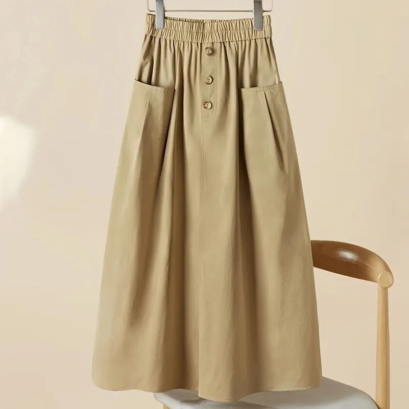 

UHYTGF New Spring Summer Skirt Woman Vintage Literary Cotton Linen Elastic High Waist Skirt Female A-Line Large Swing Skirts2182