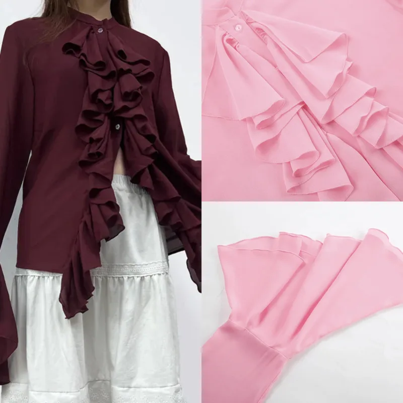 

Elegant Women Chiffon Shirt Fashion O-Neck Ruffled Trumpet Sleeve Long Sleeve Single-Breasted Loose Casual Top Autumn Outerwear
