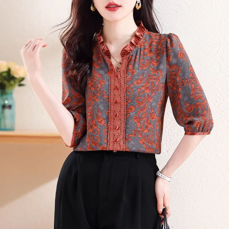 Women Vintage Ruffle Lace Patchwork Blouses Korean Fashion Print V Neck 3/4 Sleeve Shirts Elegant Chic Slim Tops Blusa Feminina