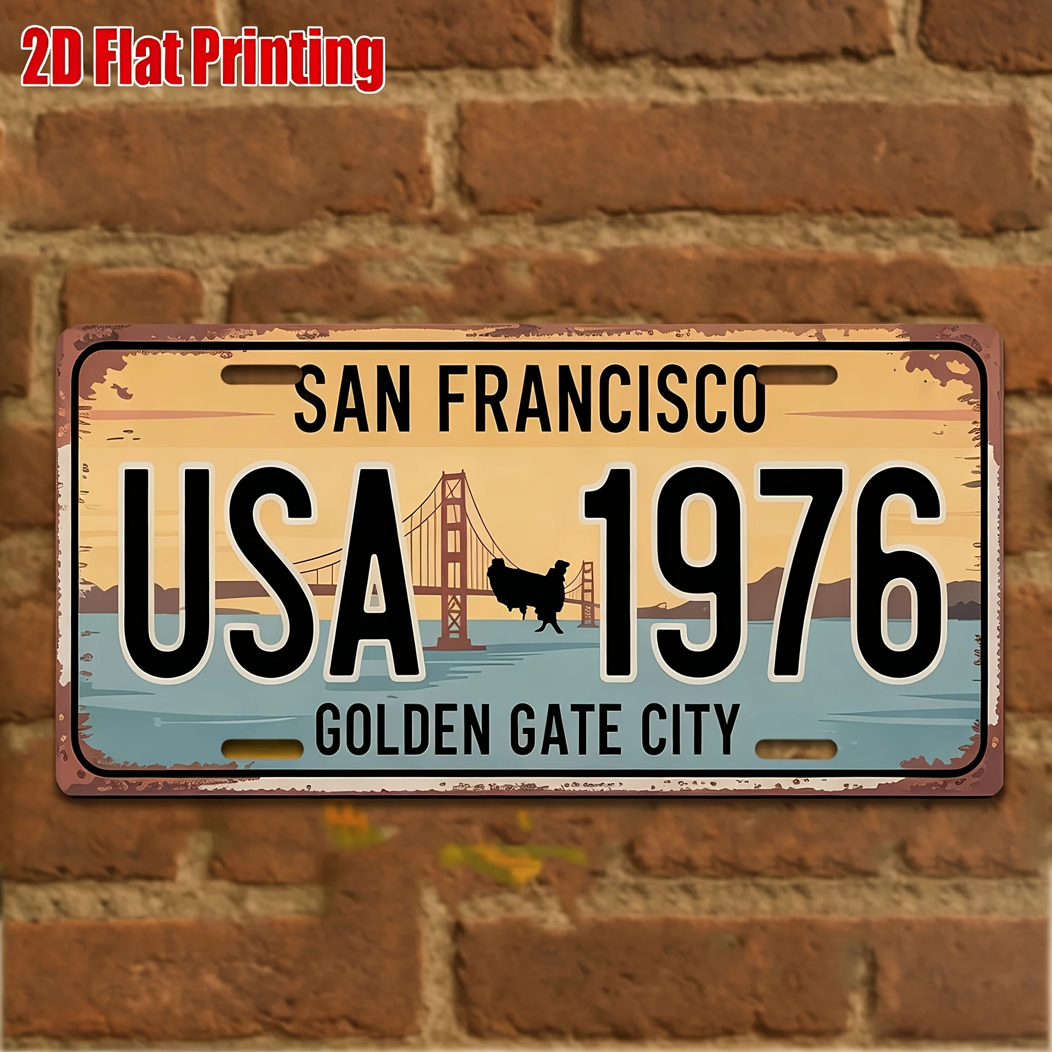 2D Flat, 2D Flat Vintage San Francisco Metal Sign - Golden Gate Bridge and 1976 US Number Plate Design - Iron Metal Plate Sign 1