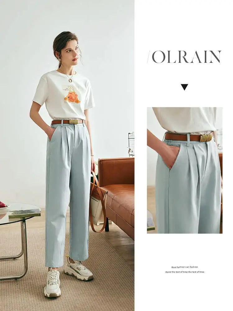 OLrain Women Blue Casual Pants 2025 French Fads High-Waisted Washed 100%Cotton Straight Harlan Pants Women's Pants O23XA69960