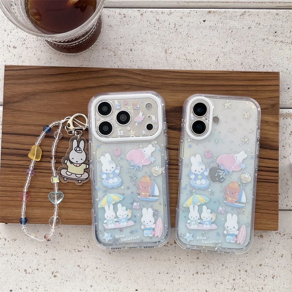 Kawaii Blue miffy Bunny Glitter Phone Case For iPhone 17 16 1 Pro Max Rabbit Shell With Miffy Charm Colorful Beaded Hand Strap