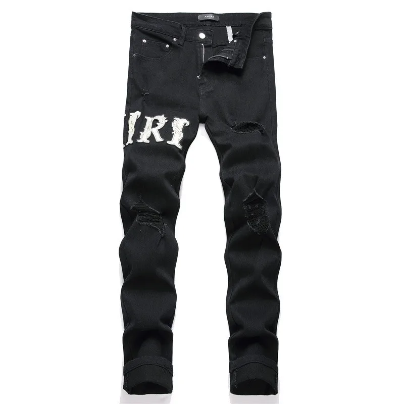 Men's Pure Black Jeans Hole Embroidery Trend Elastic Slim Fashion Pants Versatile Men's Pencil Pants Simple