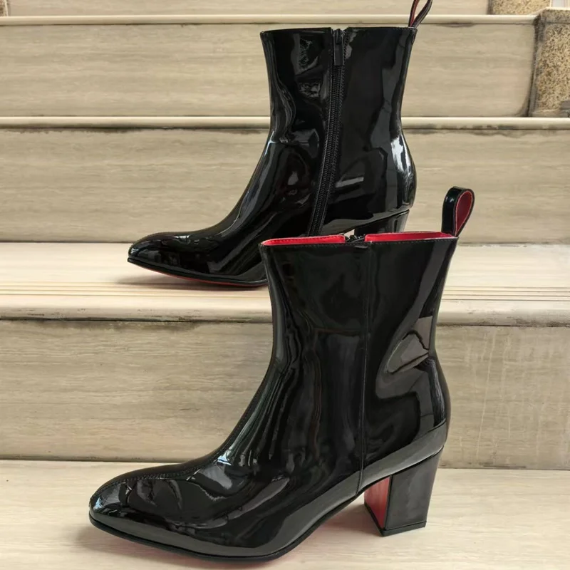 Men's Black Patent Leather Boots Luxury High Heel Boots Men Dress Shoes Breathable Pointed Toe Ankle Boots Autumn Mens Shoes