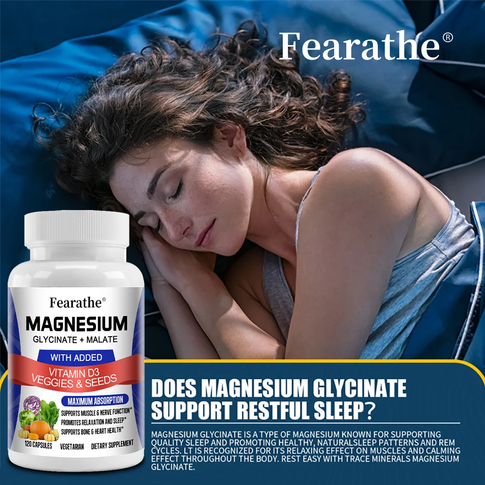 Magnesium Glycinate & Malate Complex, Vitamin D3, 100% Chelated for Maximum Absorption, Vegetarian - Bone Health, Nerve, Muscle