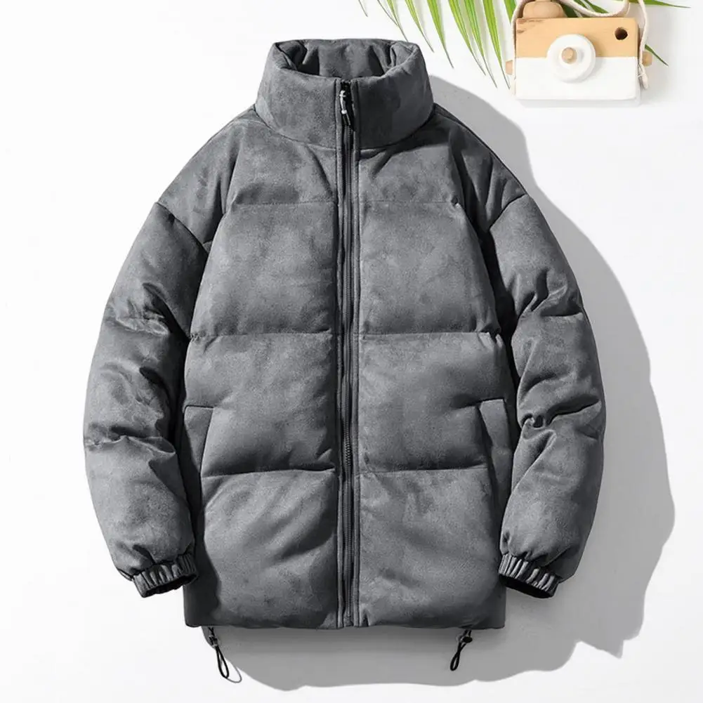 Casaco de algodão masculino cor sólida zíper carcela gola alta parkas camurça camada de superfície cordão hem outerwear para o inverno