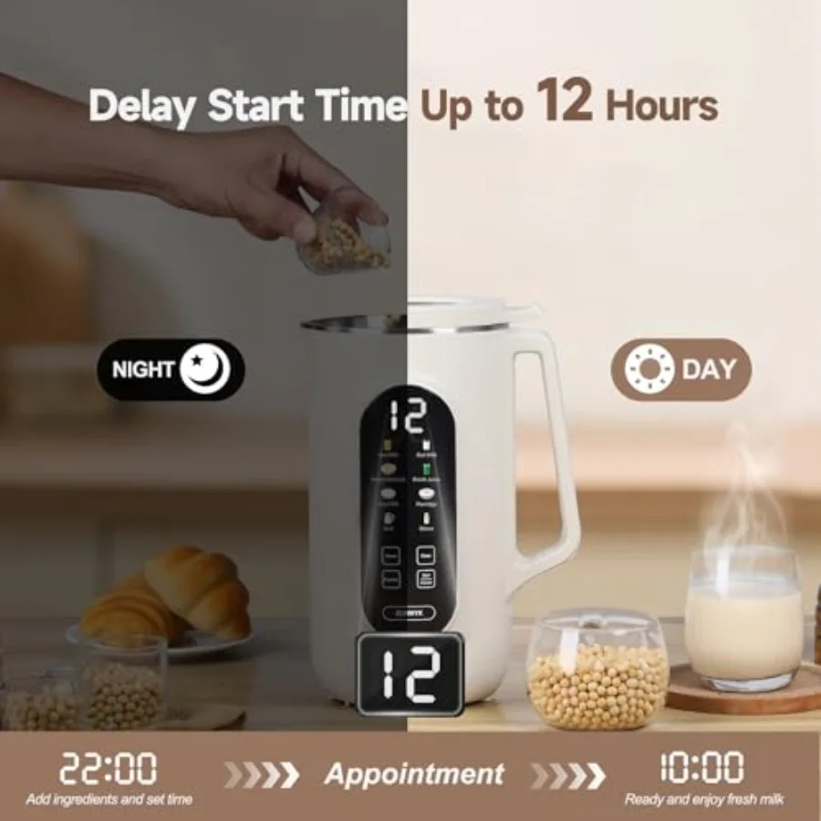 خلاط حليب الجوز 8 في 1 سعة 34 أونصة للحليب المحلي الصويا وجوز الهند والمشروبات غير المزيفة مع مؤقت 12 ساعة ذاتيًا