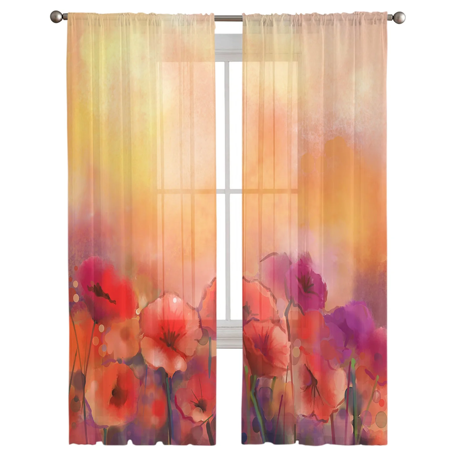 Summer Watercolor Poppy Gradient Pigment Sheer Curtains for Living Room Children's Bedroom Curtains Kitchen Dining Room Curtains