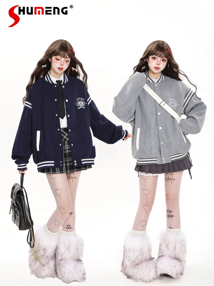 

American Retro Preppy Style Stand Collar Embroidery Single-breasted Loose Versatile Baseball Uniform Women Winter Bomber Jackets