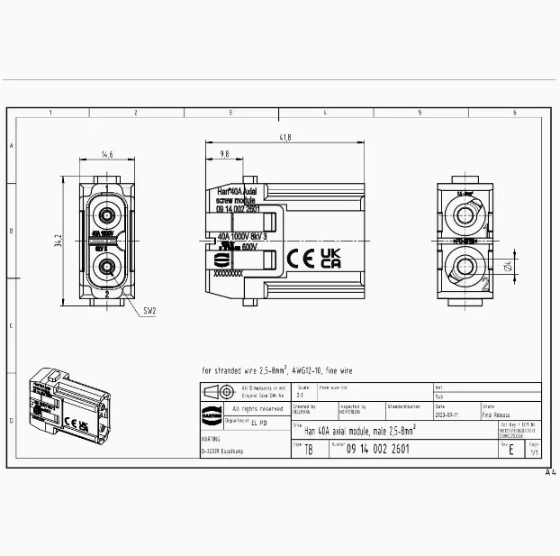 1pcs 09140022601 Original German HARTING 2-pin Male Connector 1000V/40A Axial Module