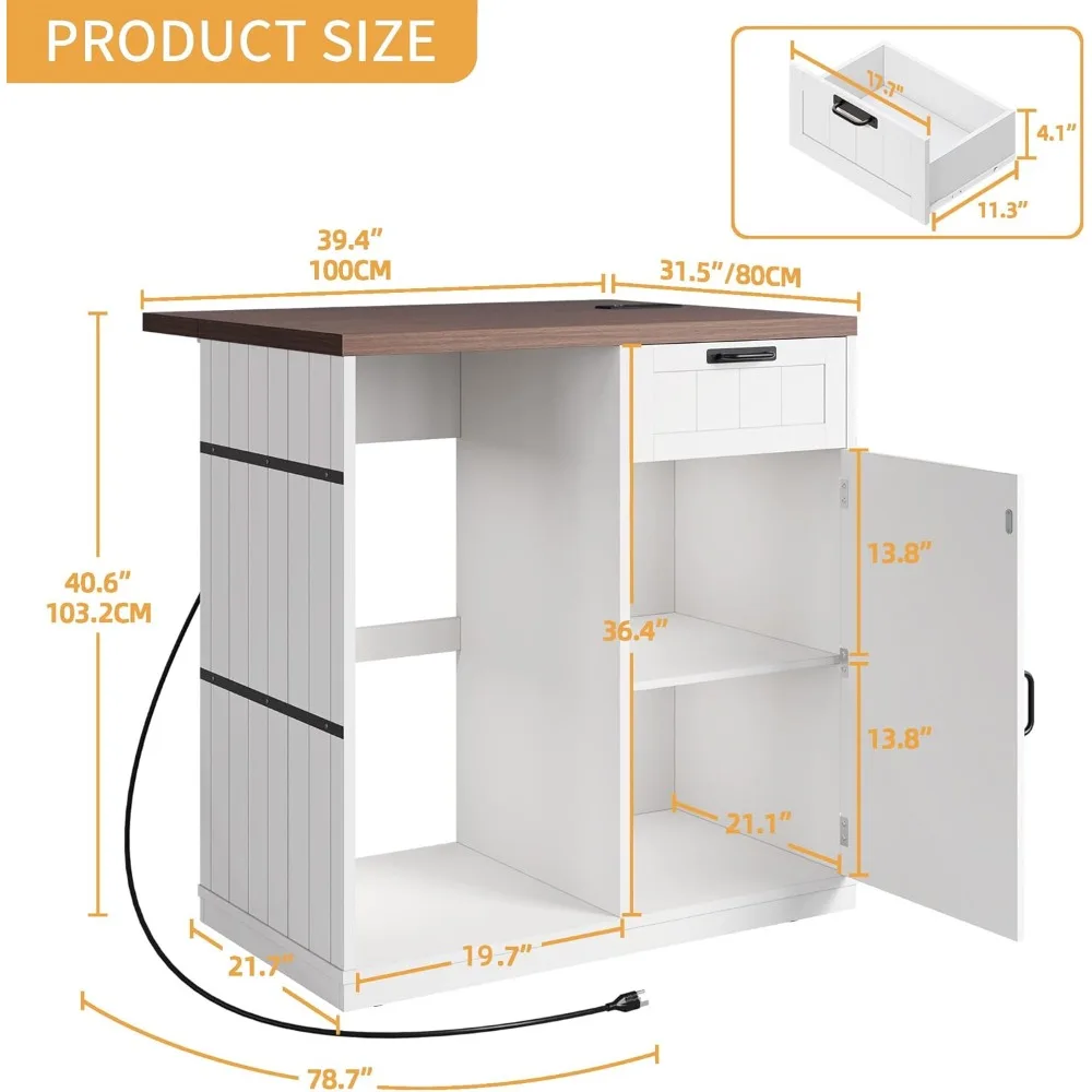 Mobile Mini Fridge Cabinet with Drop Leaf and Power Outlet, 39.4 W x 31.5 D