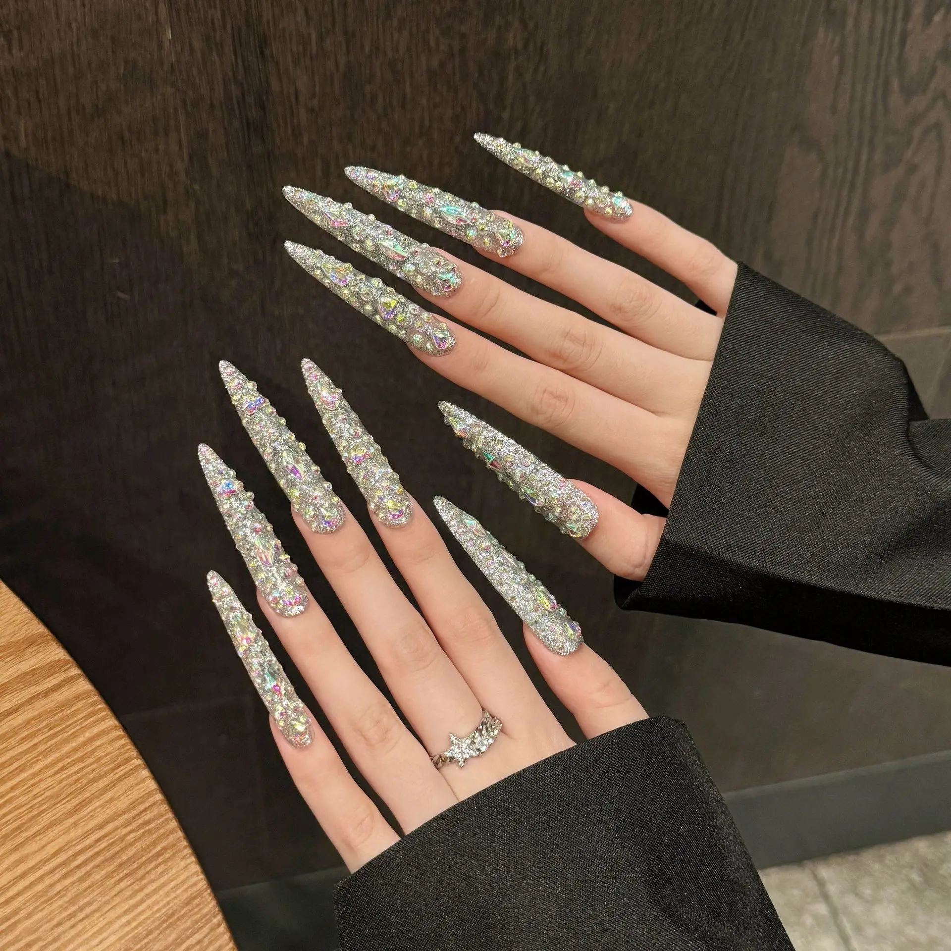 Handmade Press on Nails Heavy Metal Full Rhinestone Shiny Red Fake Nails Full Cover Wearable European Extra Long False Nail Tips