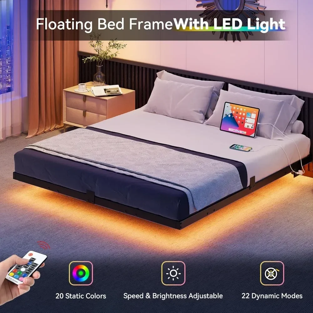 LED Bed Frame with Charging Station, Metal Platform Bed with Heavy Duty Steel Slats, No Box Spring Needed, Easy Assembly