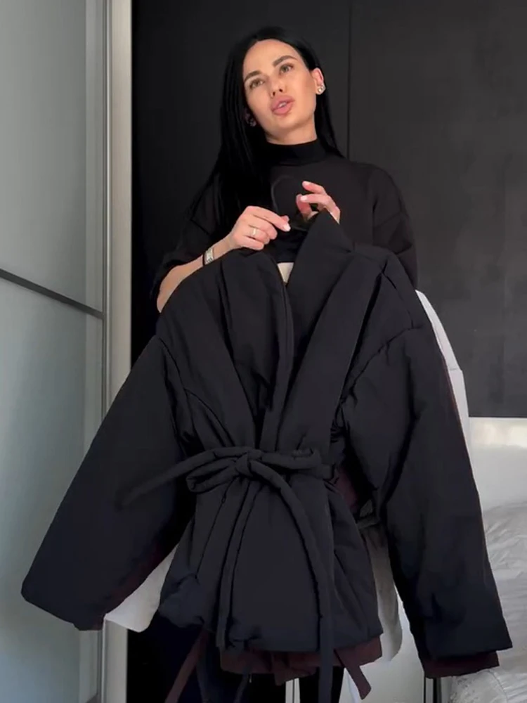 Women Brown Wrap Kimono Padded Coat Self Tie Belt Waist Oversized Cropped Puffer Jacket Loose Fall Winter New Casual Outerwear