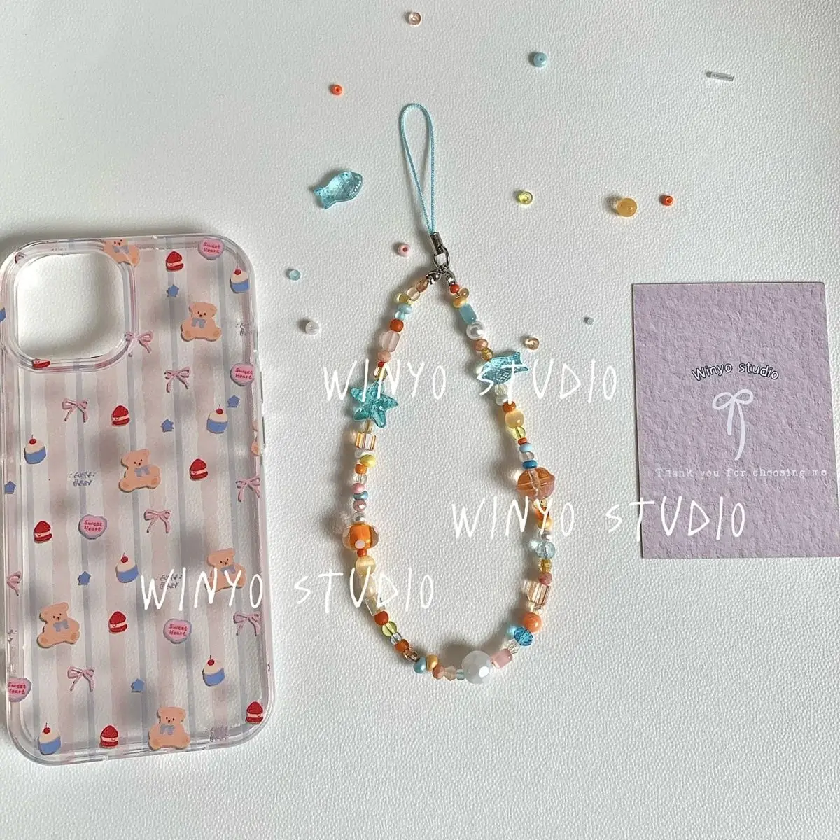 Kawaii Seaside Orange Sonnenuntergang Handy Charm Strap CCD Kamera Karte Anhänger DIY Perlen handgemachte Schlüsselband Handy Lanyard – Detail 5