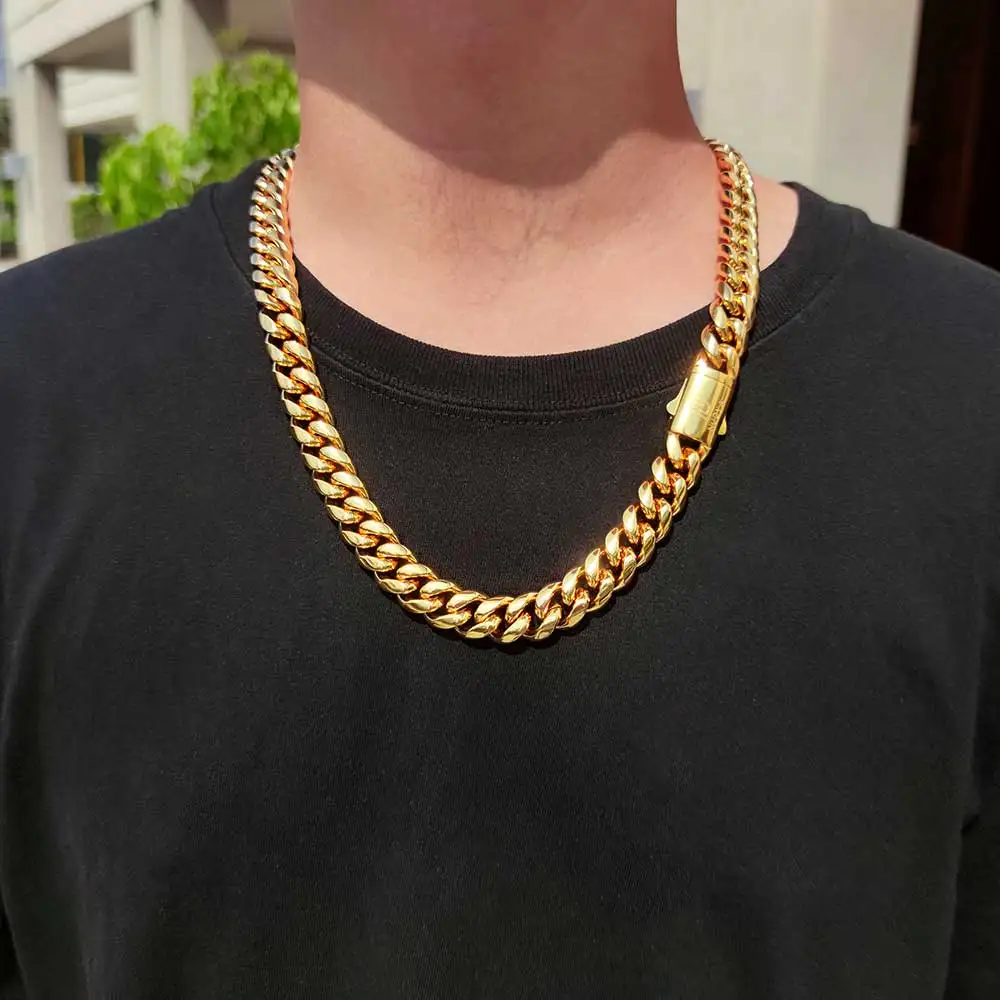 

NY Stainless Steel Gold Plated Jewelry have 8/10/12/14MM Wide Spring Buckle Round Grinding Encryption Cuban Necklace Wholesale