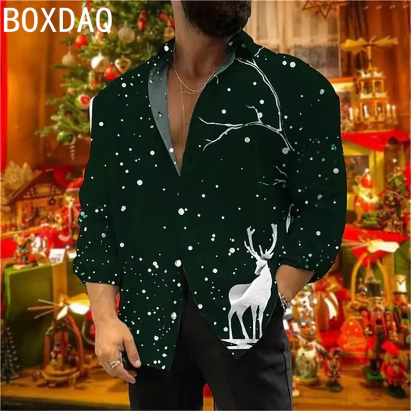 Men's Christmas Style Shirt Autumn Long Sleeved Collar Casual Blouse Tops Oversized Christmas Party Costumes