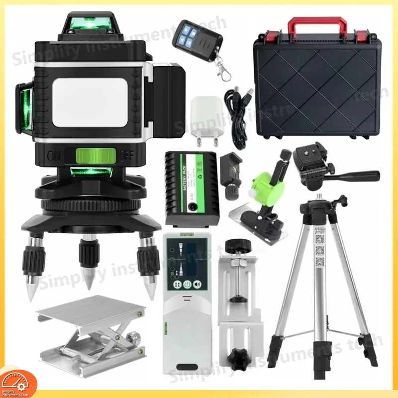 360 Degree Laser Level Tripod with Green Beam Cross Line 16 Lines 4D Self-Leveling Vertical Horizontal Laser Level Receiver