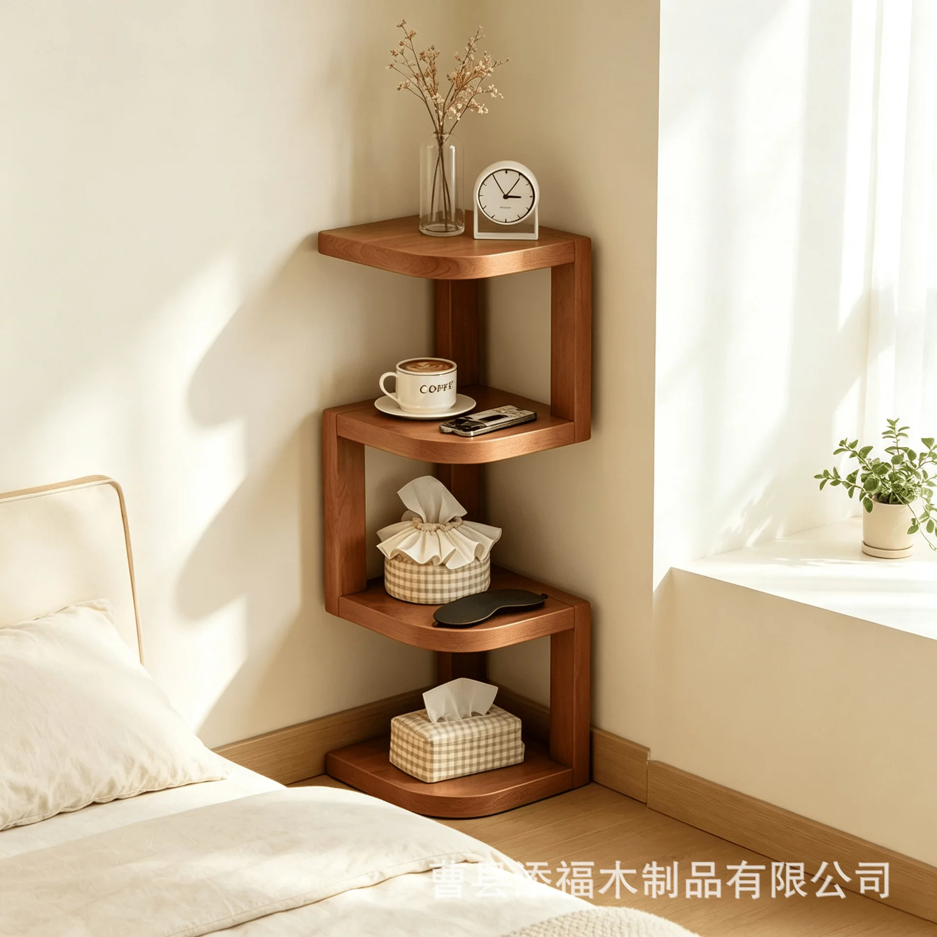 YFY solid wood corner shelf four-layer corner multi-layer storage rack bedroom bedside curved corner floor bookshelf