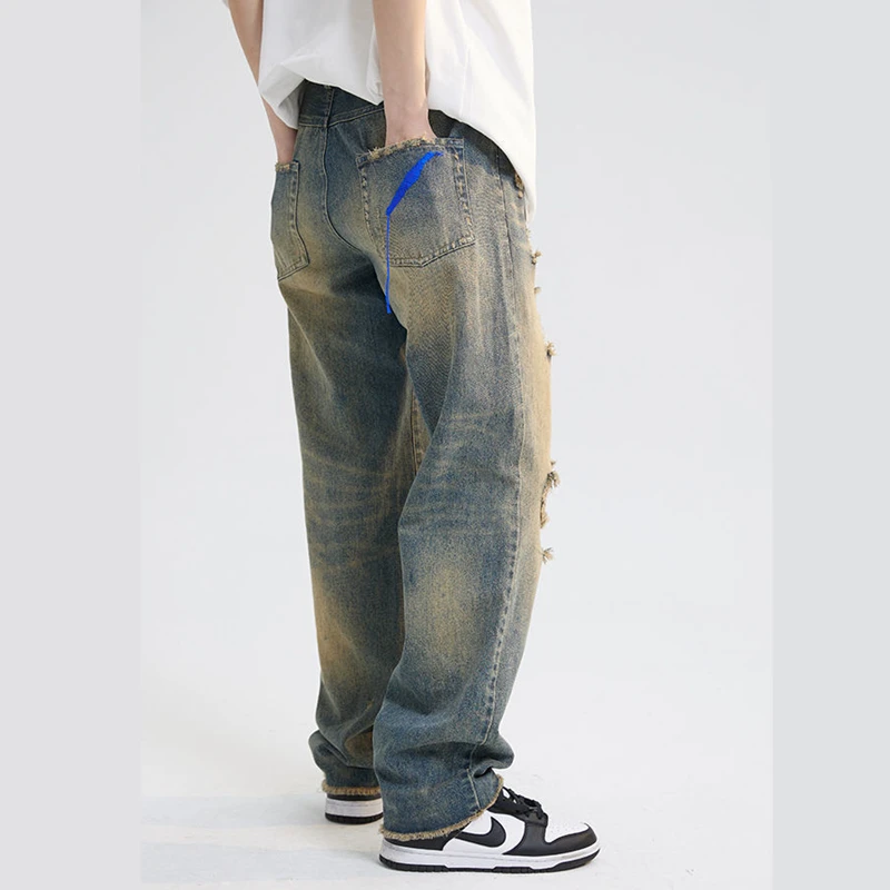 New High Waisted Ripped Jeans For Women Men Denim Pants Full Length Straight Panelled Tassel Vintage Streetwear 2022 Summer Cut