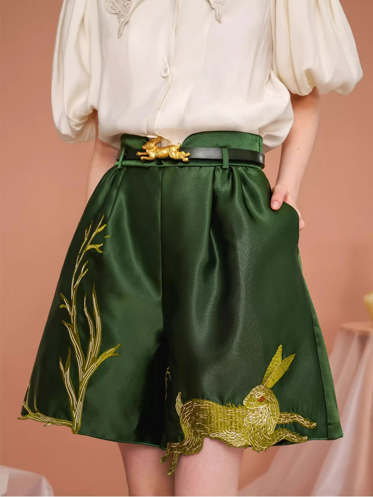 66-74cm Waist Spring Summer Shorts Original Design Women Vintage Elegant Delicate Embroidered Rabbit Running Bunny Green Shorts