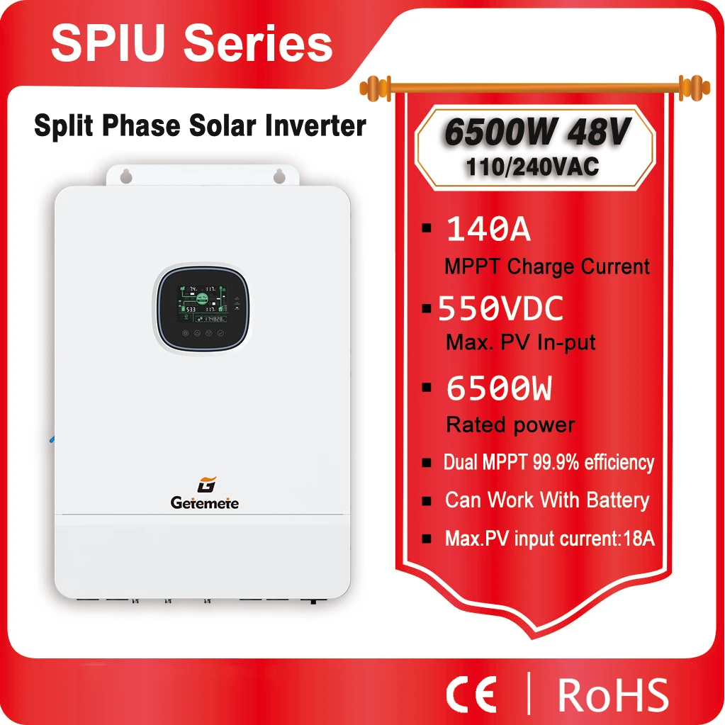 GTMT 6.5KW 48V 110/240VAC Max PV 550V Hybrid Solar Inverter Support Split-phase/single-phase Dual MPPT Max 18A Charge Current