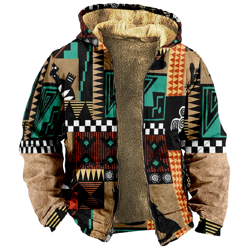 Tribal Prints Graphic Vintage Ethnic Hoodie Long Sleeve Zipper Sweatshirt Stand Collar Coat Women Men Daily Winter Clothes