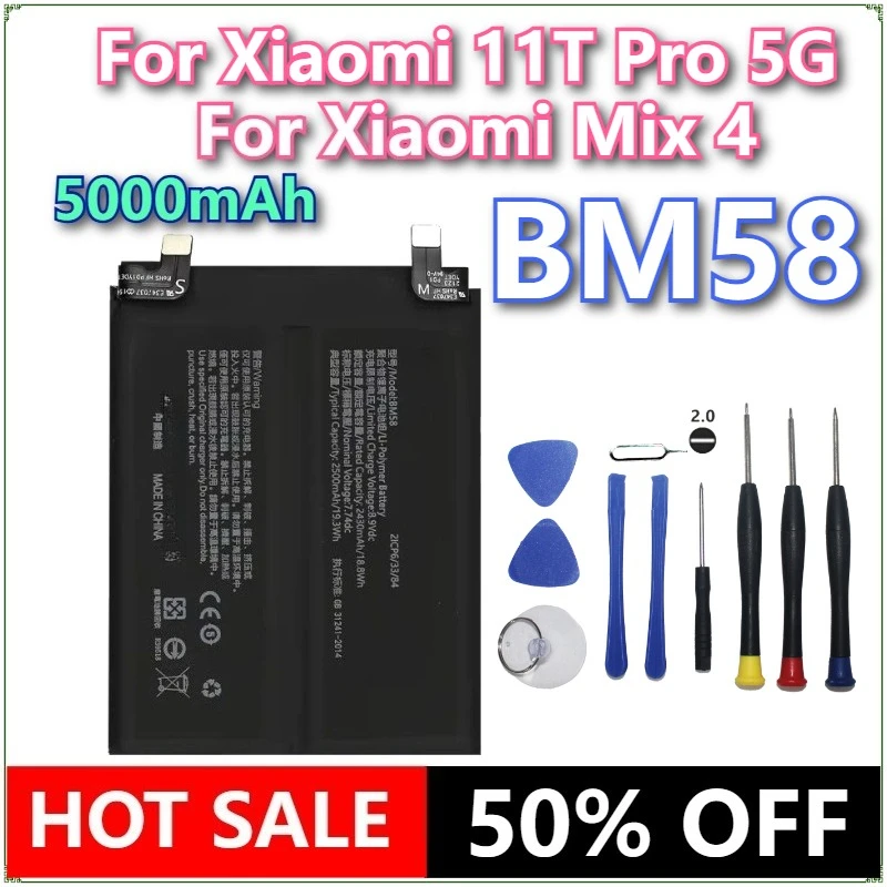 

Совершенно новый аккумулятор для мобильного телефона BM58 5000 мАч для Xiaomi 11T Pro 5G/Mix 4, сменные аккумуляторы для телефона + инструменты