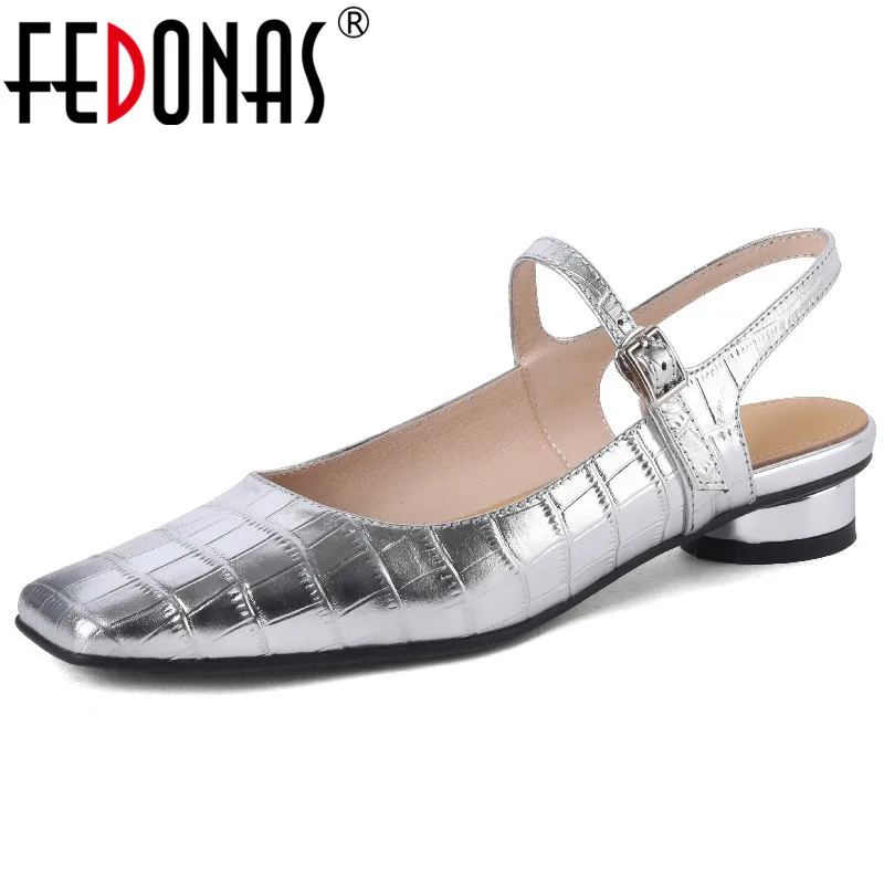 

FEDONAS Fashion Newest Women Pumps Genuine Leather Square Toe Low Heels Slingbacks Shoes Woman Spring Summer Office Lady Casual