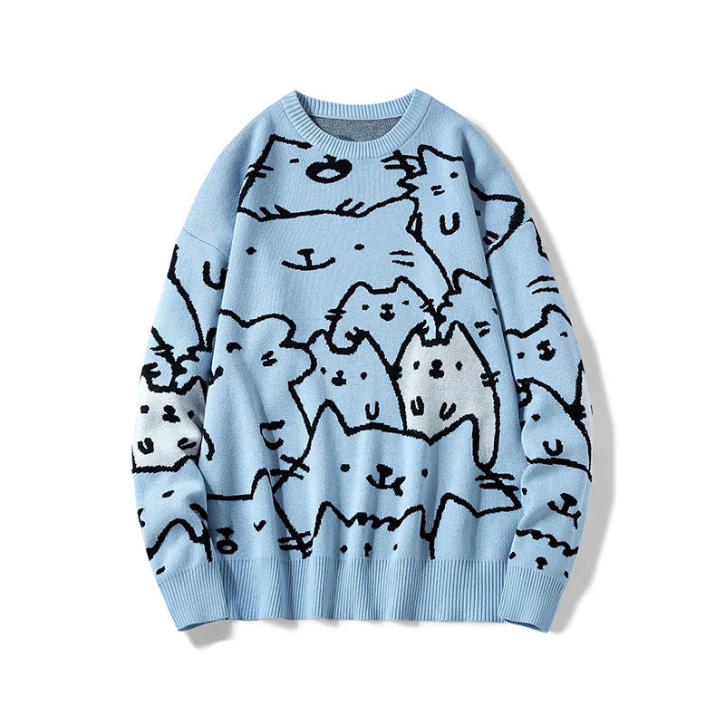 Autumn Cotton Anime Sweaters Men Retro Harajuku Vintage Oversized Sweaters Loose Cute Cartoon Cat Pullovers Homme Men Clothing