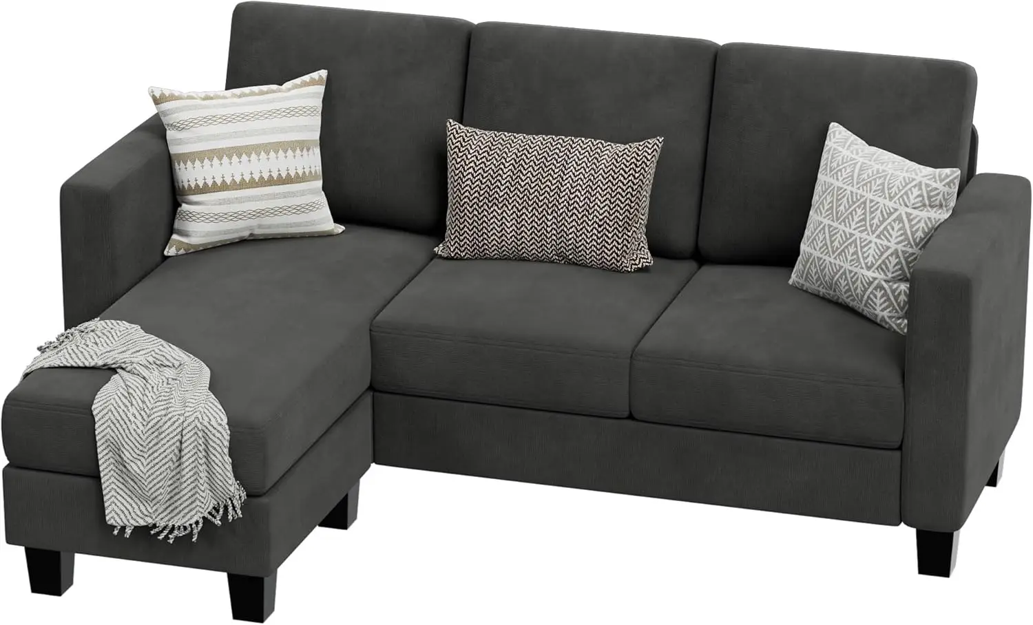 Seat L-Shaped Sofa with Linen Fabric Ottoman Small Couch for Small Apartments, Living Room and Office (Dark Gray)