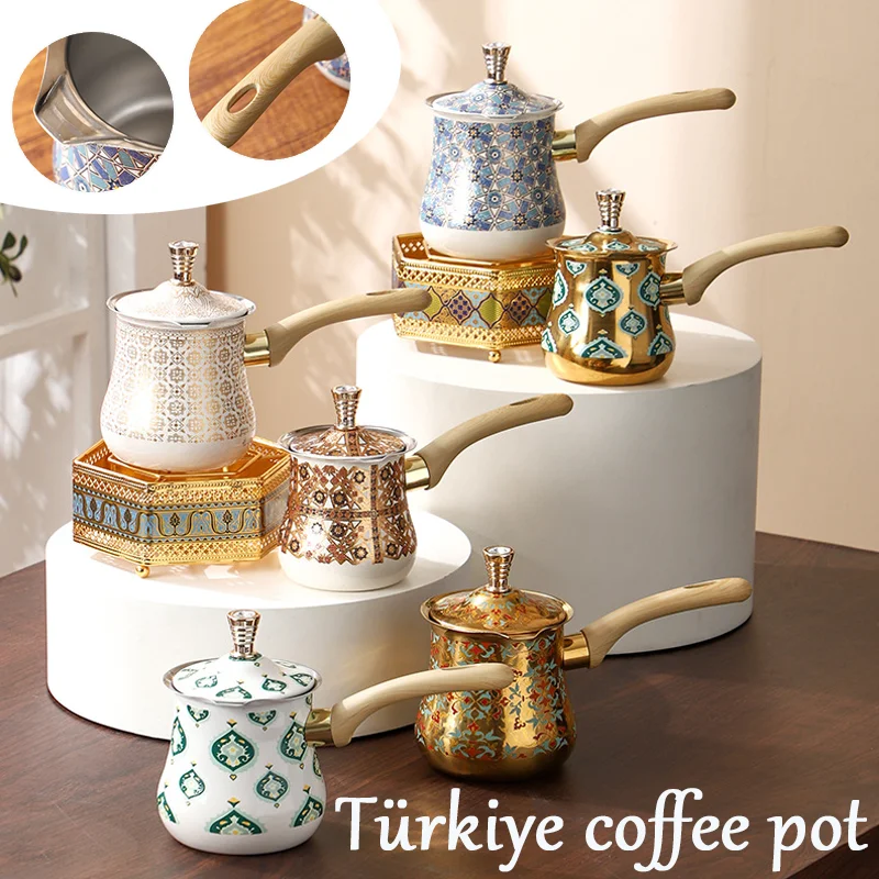 550ml Professional Turkish Coffee Pot Set with Warmer Base Golden Stainless Steel Teapot Non-Slip Handle for Home Kitchen Decor