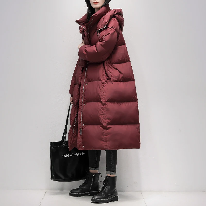 

Minimalism Winter Down Coat For Women 90% White Duck Down Jackets Warm Hooded Long Jacket Overcoat Female Coat