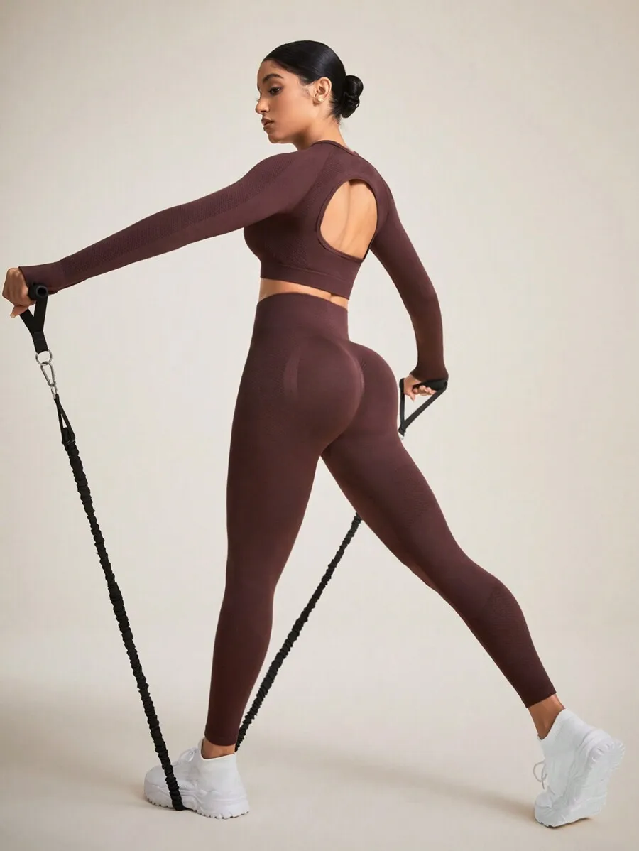

Seamless Open Back Sports Outfit, Solid Color 2 Piece Gym Set for Women Fitness Workout Daily Casual Wear