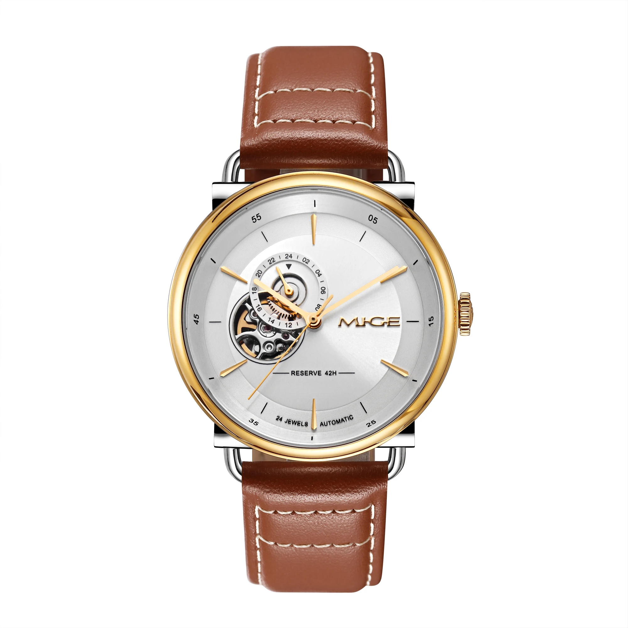 MIGE brand business stainless steel mechanical watch men japan movement waterproof automatic  Earth pattern leather mens watches